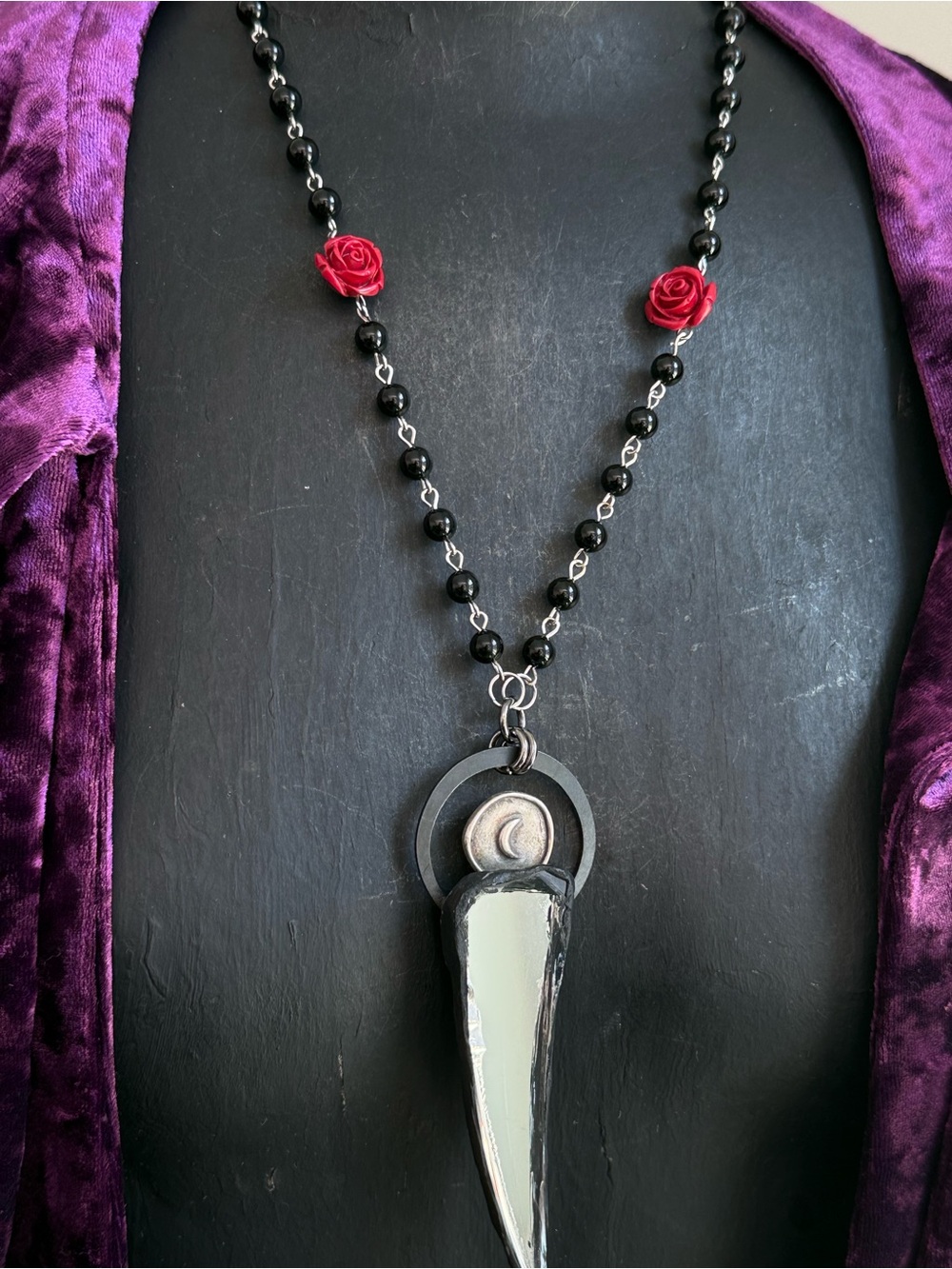 Black Beaded Necklace with Red Rose Accents and broken mirror shard gothic boho - Picture 6 of 11